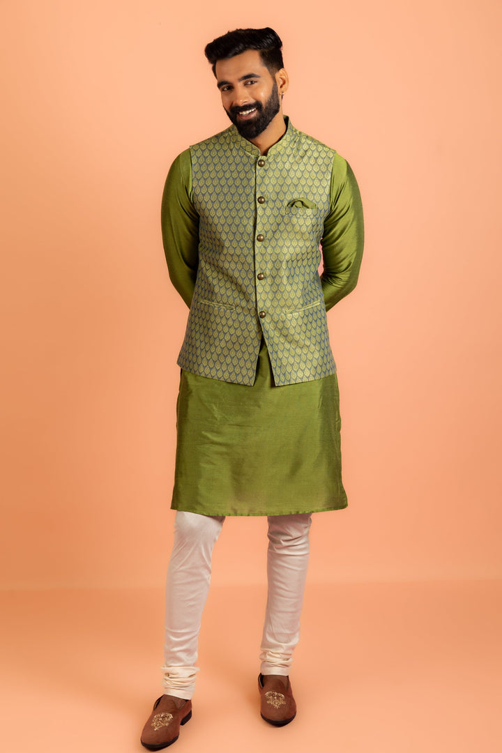 Green Silk Blend Jacquard Nehru Jacket | SHOBITAM