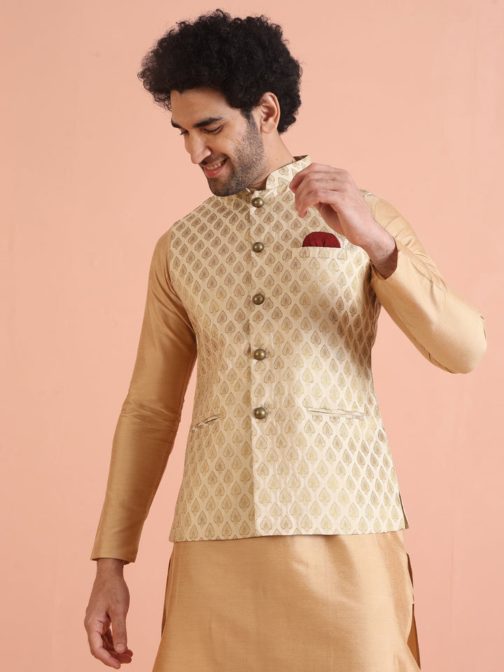 Cream Silk Blend Golden Jacquard Nehru Jacket | SHOBITAM