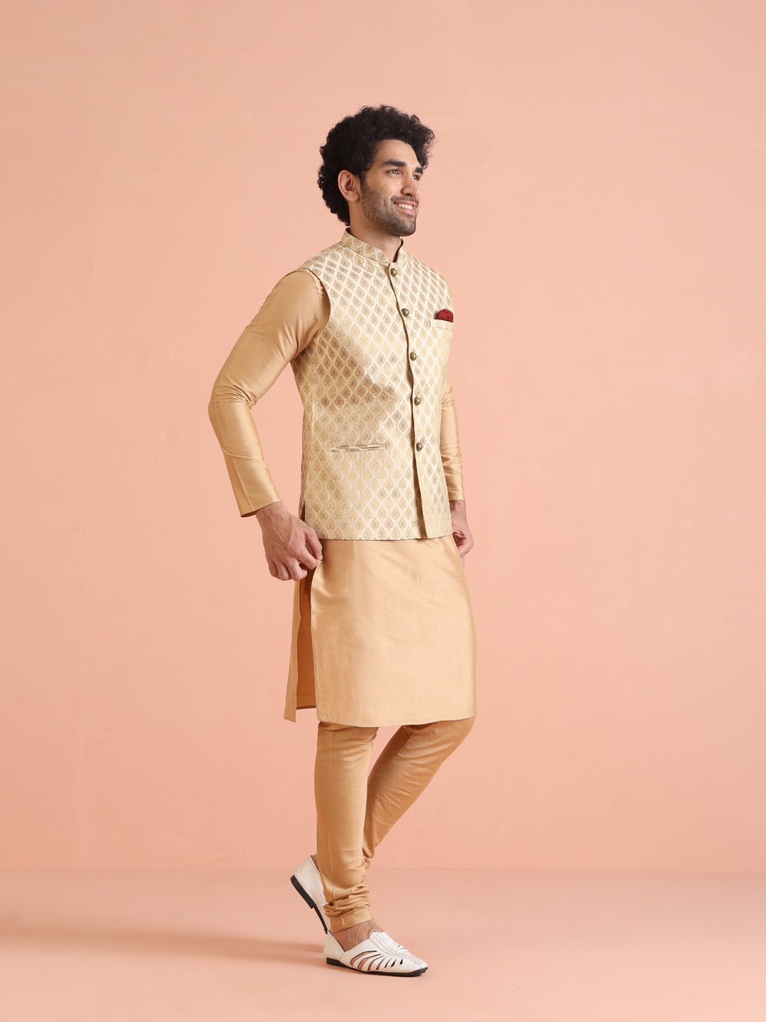 Cream Silk Blend Golden Jacquard Nehru Jacket | SHOBITAM