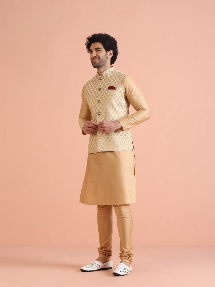 Cream Silk Blend Golden Jacquard Nehru Jacket | SHOBITAM