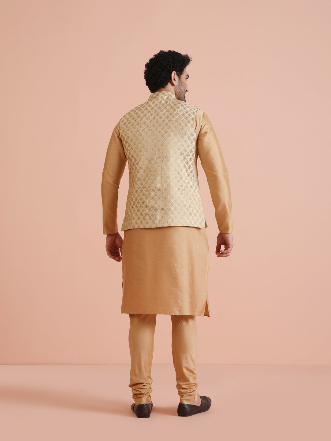 Cream Silk Blend Golden Jacquard Nehru Jacket | SHOBITAM