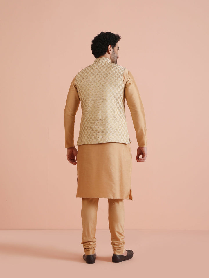 Cream Silk Blend Golden Jacquard Nehru Jacket | SHOBITAM