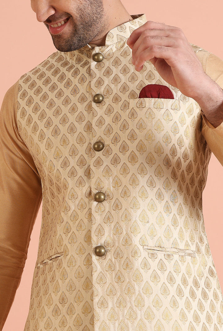 Cream Silk Blend Golden Jacquard Nehru Jacket | SHOBITAM