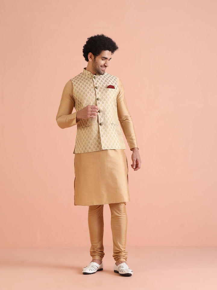 Cream Silk Blend Golden Jacquard Nehru Jacket | SHOBITAM