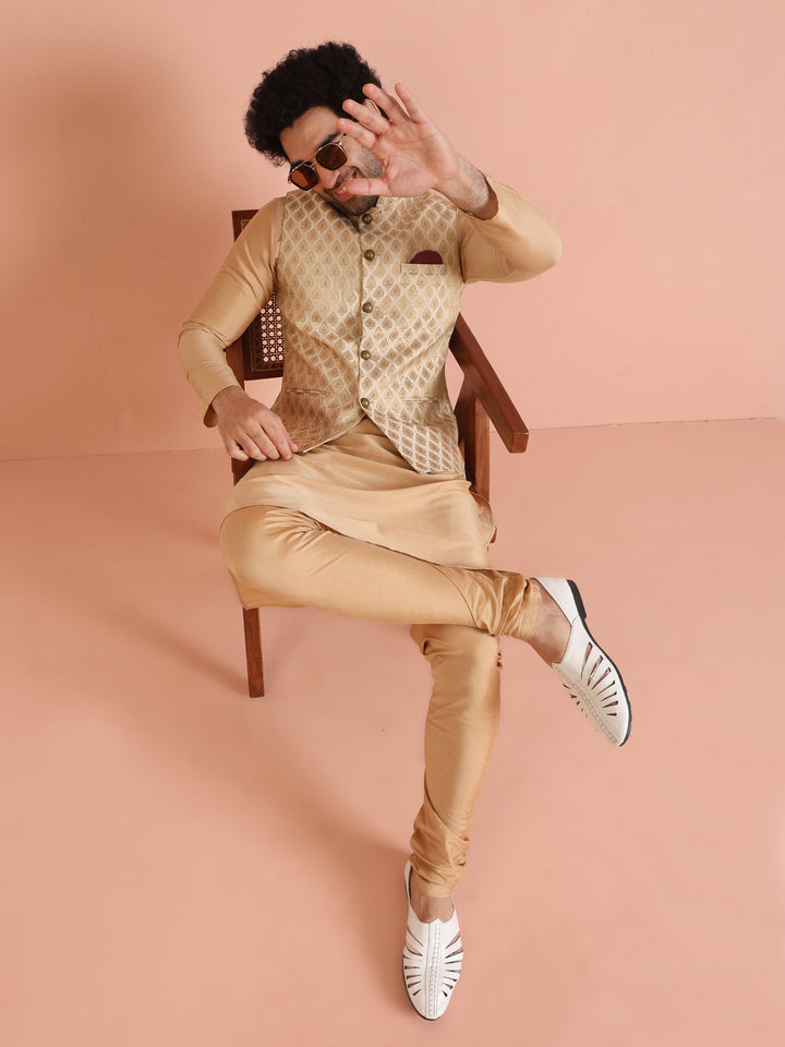 Cream Silk Blend Golden Jacquard Nehru Jacket | SHOBITAM