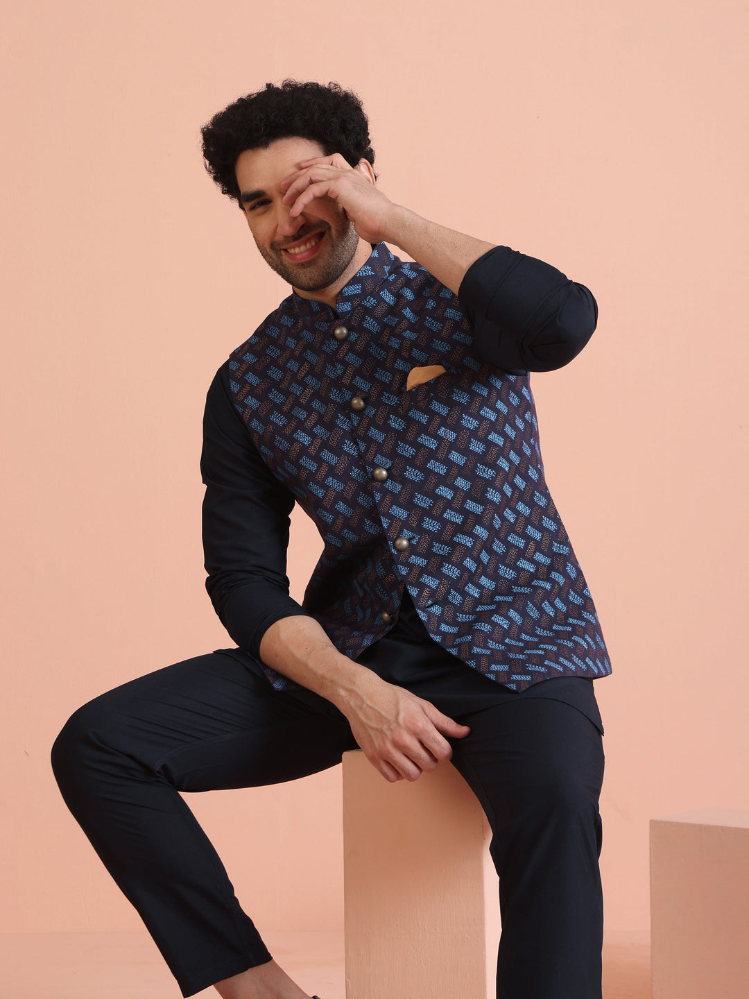 Navy Blue Printed Nehru Jacket | SHOBITAM