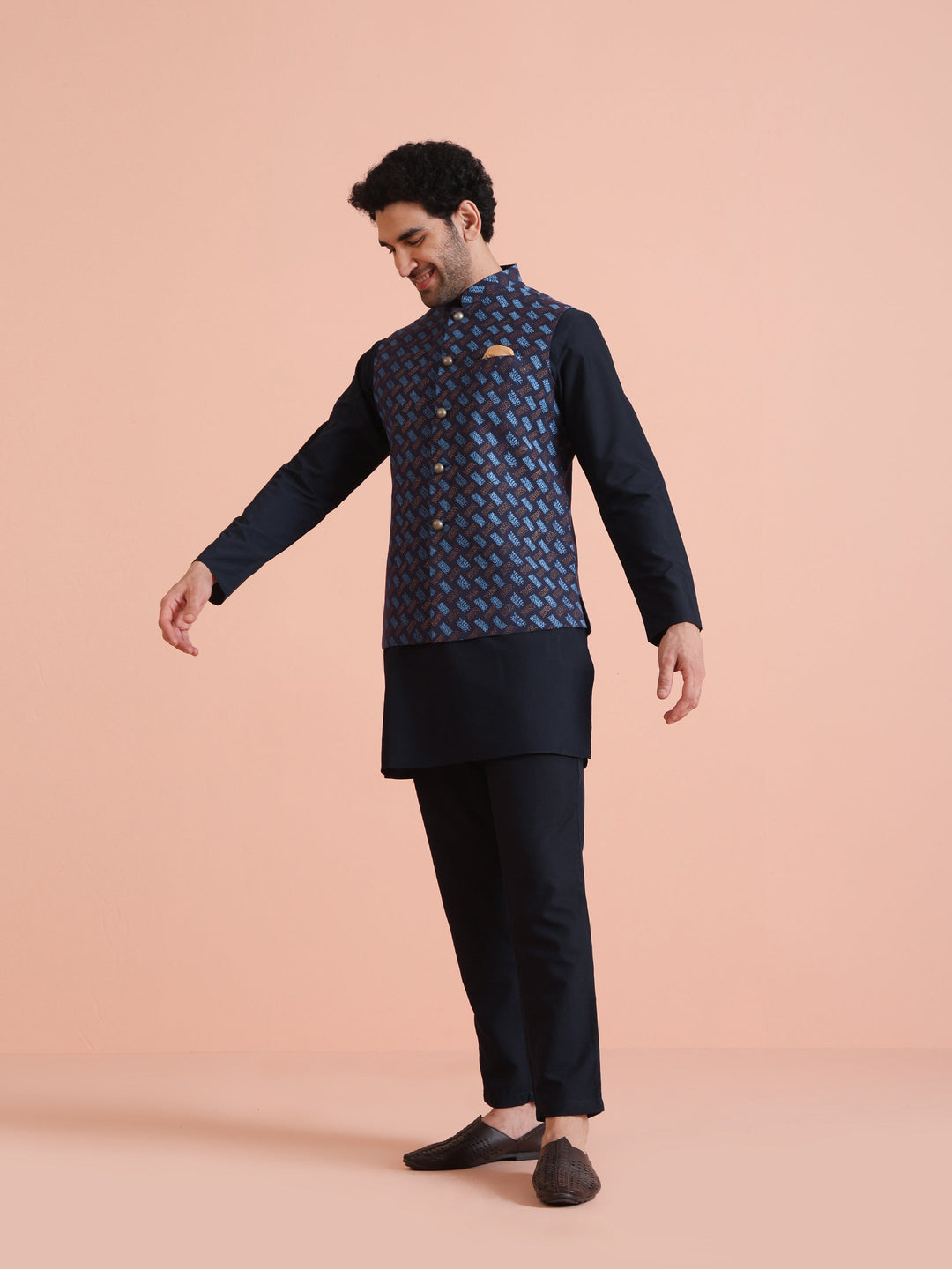Navy Blue Printed Nehru Jacket | SHOBITAM