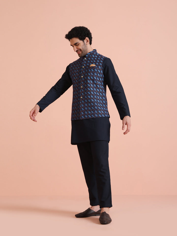 Navy Blue Printed Nehru Jacket | SHOBITAM
