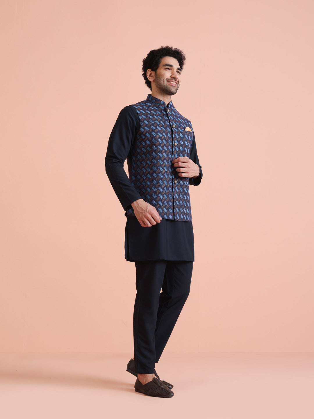 Navy Blue Printed Nehru Jacket | SHOBITAM