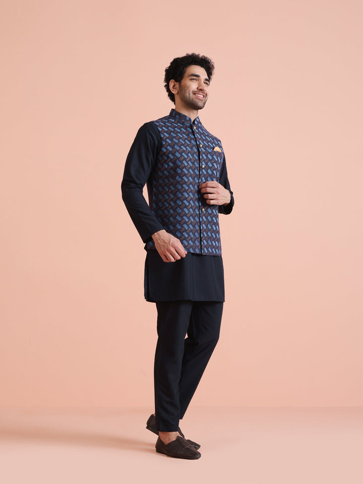 Navy Blue Printed Nehru Jacket | SHOBITAM