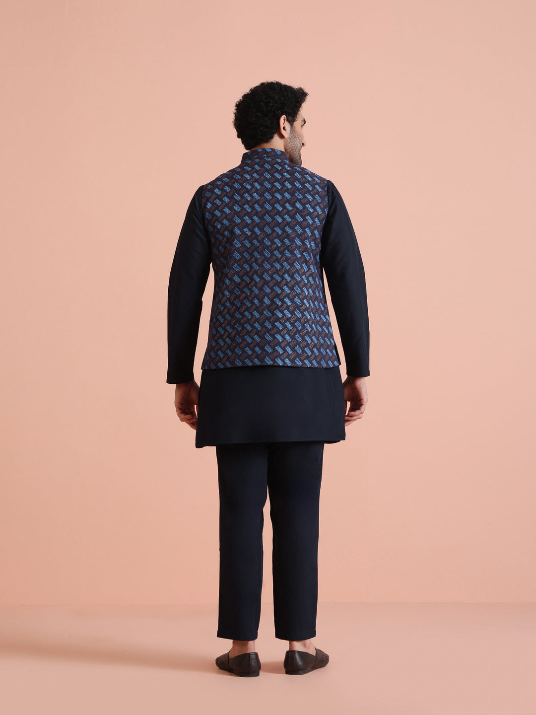 Navy Blue Printed Nehru Jacket | SHOBITAM