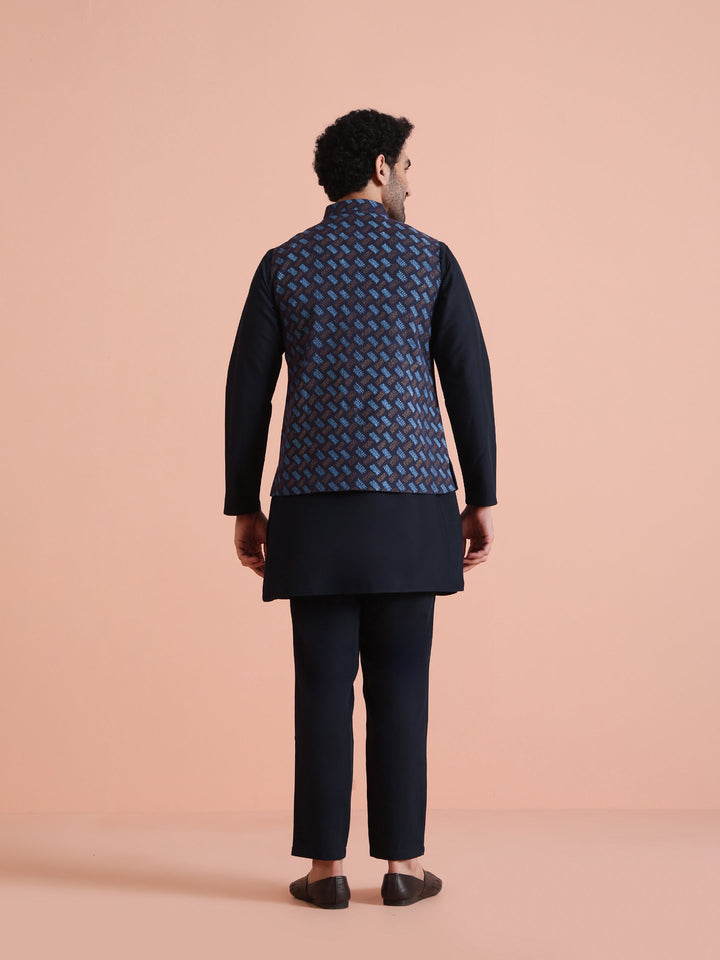 Navy Blue Printed Nehru Jacket | SHOBITAM