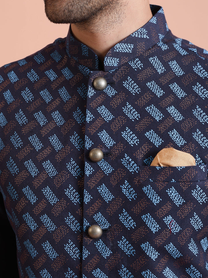 Navy Blue Printed Nehru Jacket | SHOBITAM