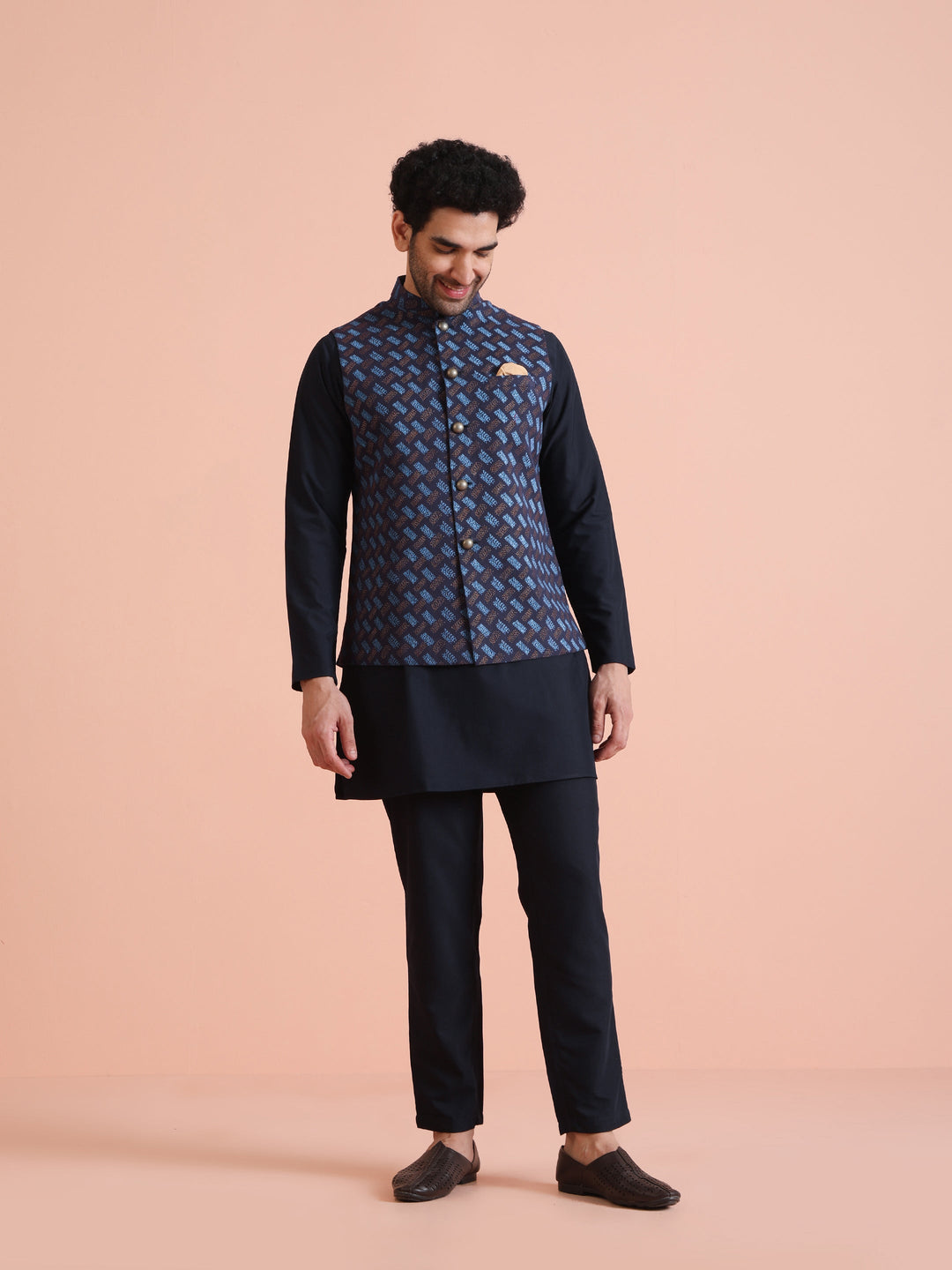 Navy Blue Printed Nehru Jacket | SHOBITAM