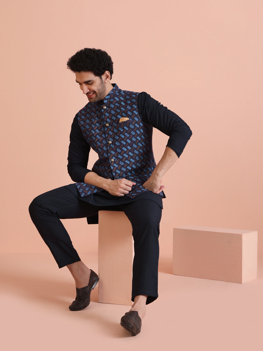 Navy Blue Printed Nehru Jacket | SHOBITAM