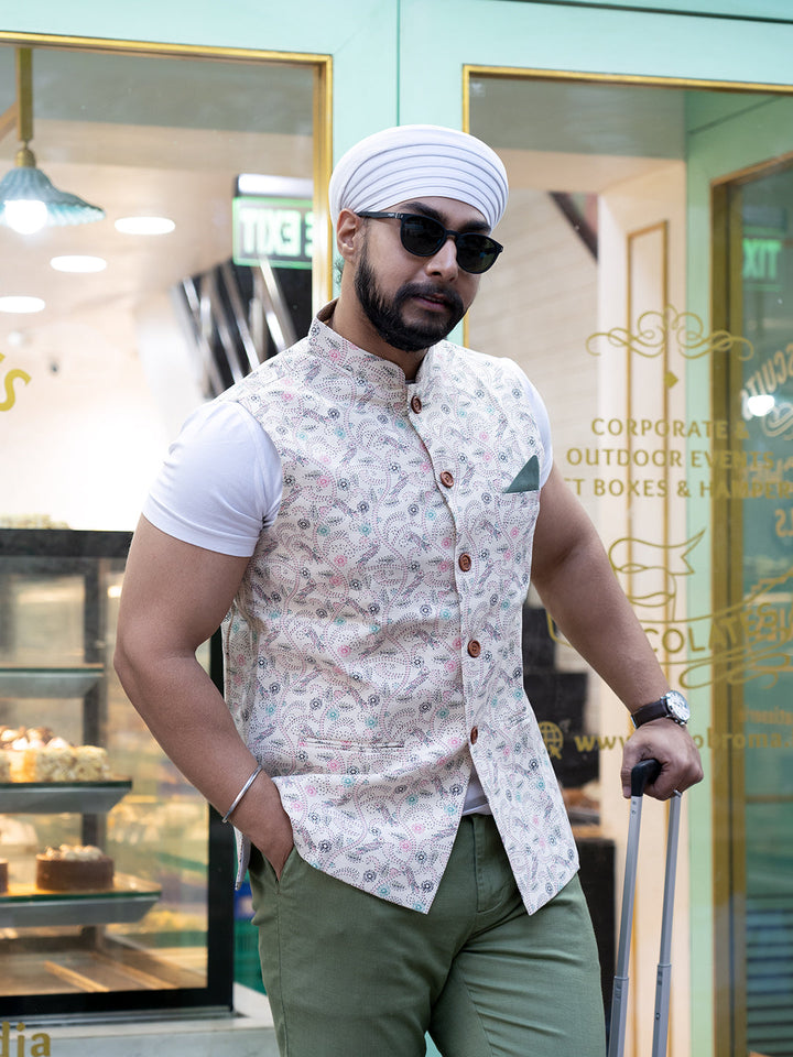 Beige Printed Nehru Jacket | SHOBITAM