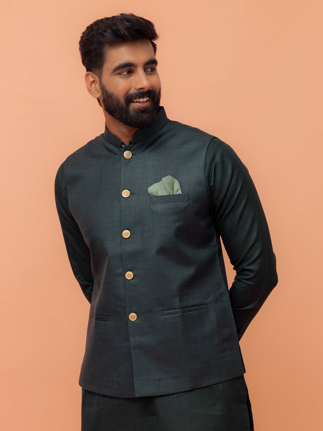 Men Green Solid Nehru Jacket | SHOBITAM