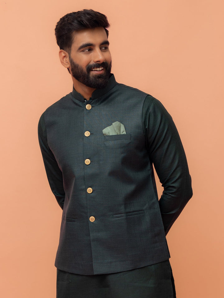 Men Green Solid Nehru Jacket | SHOBITAM
