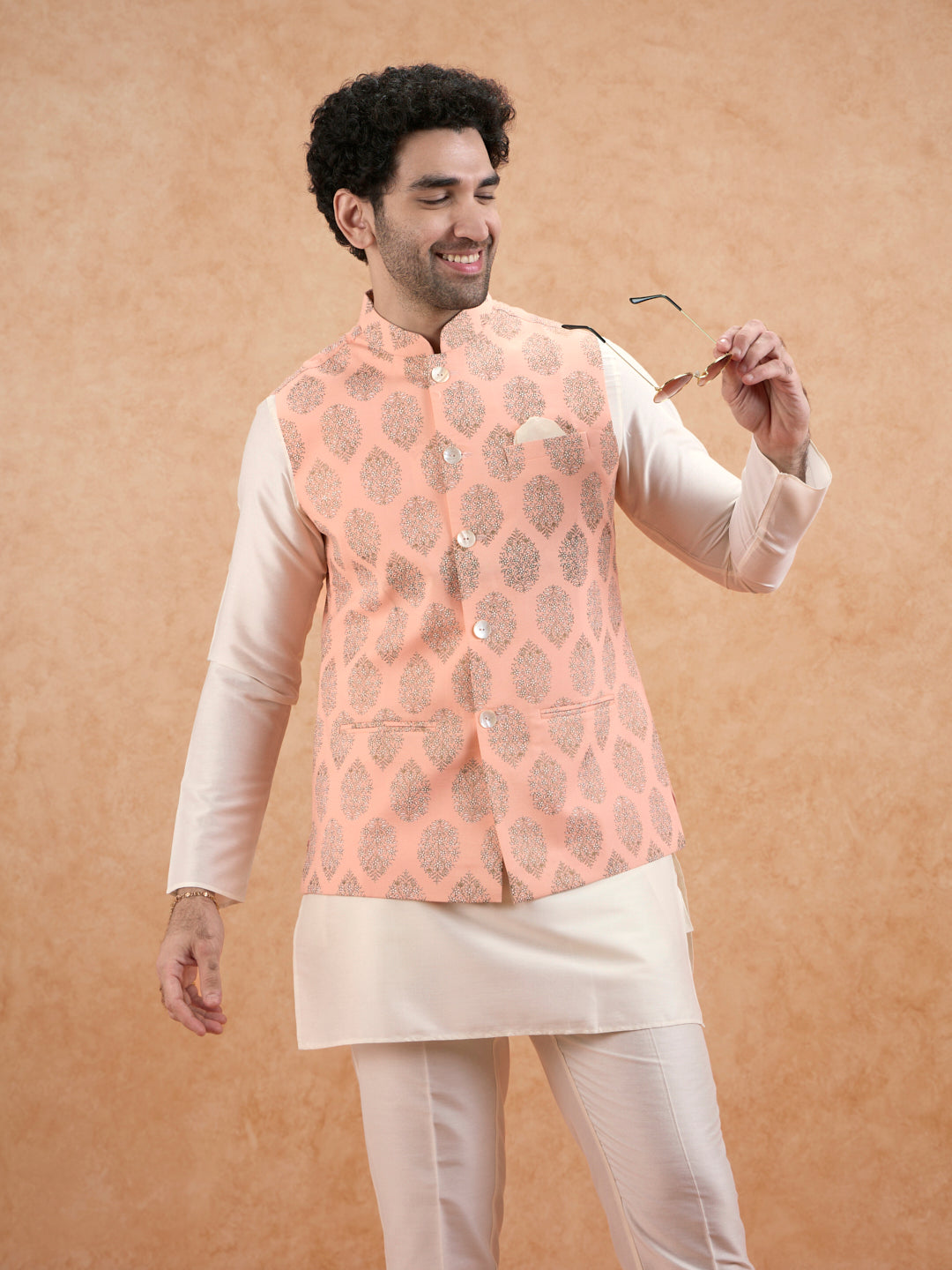 Peach Nehru Jacket with all over print | SHOBITAM