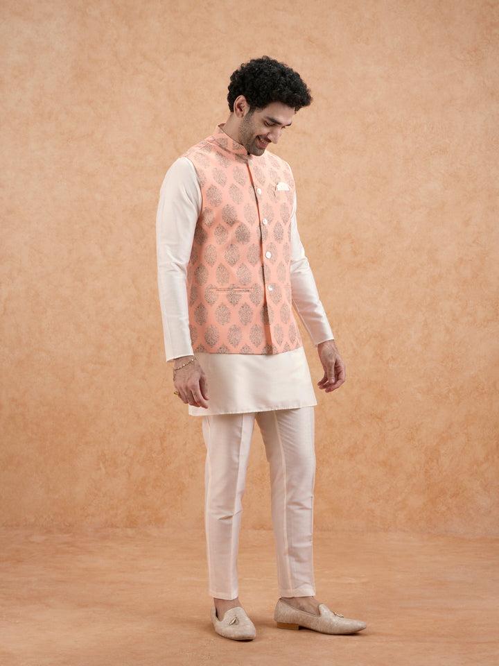 Peach Nehru Jacket with all over print | SHOBITAM