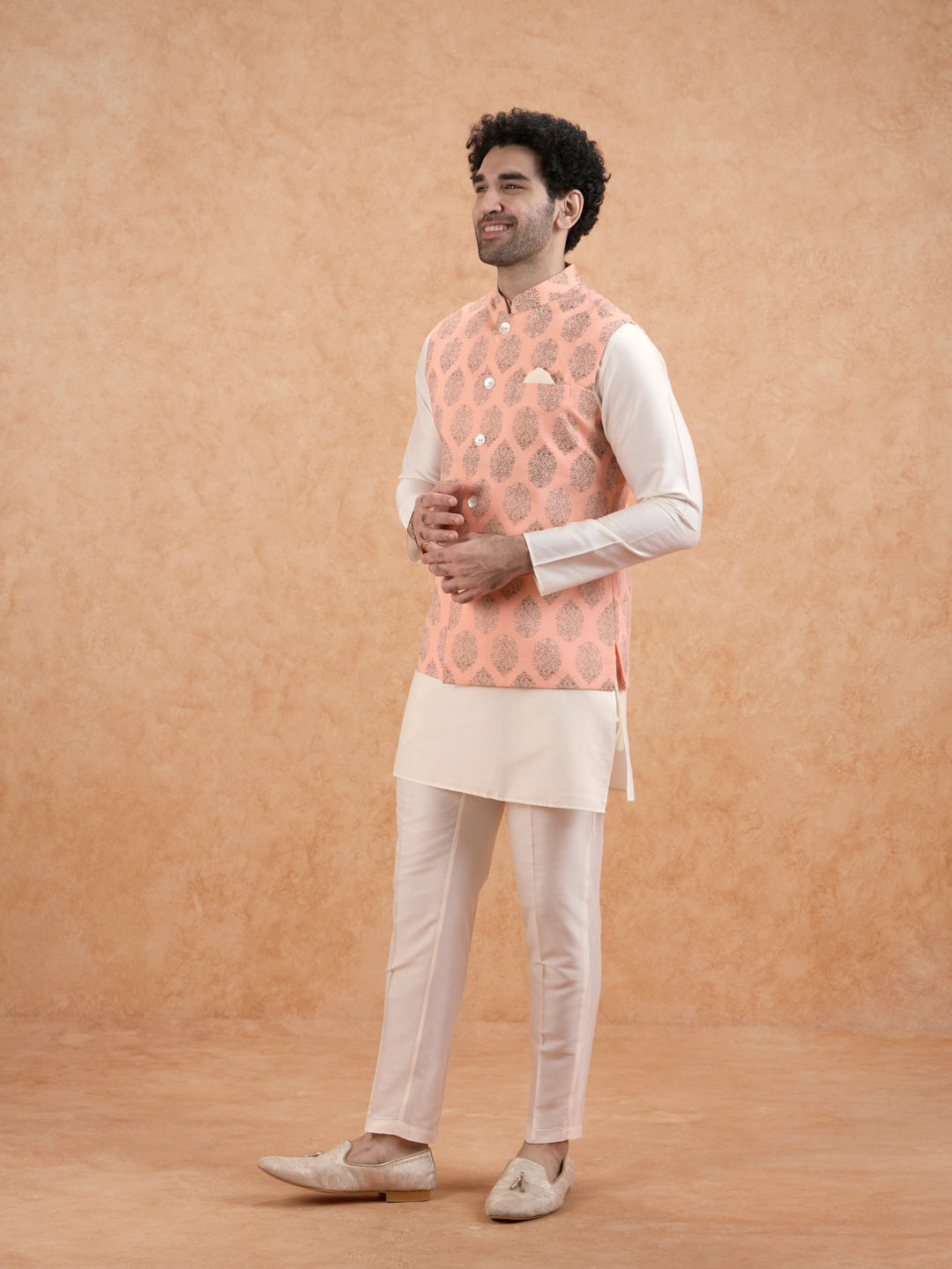 Peach Nehru Jacket with all over print | SHOBITAM