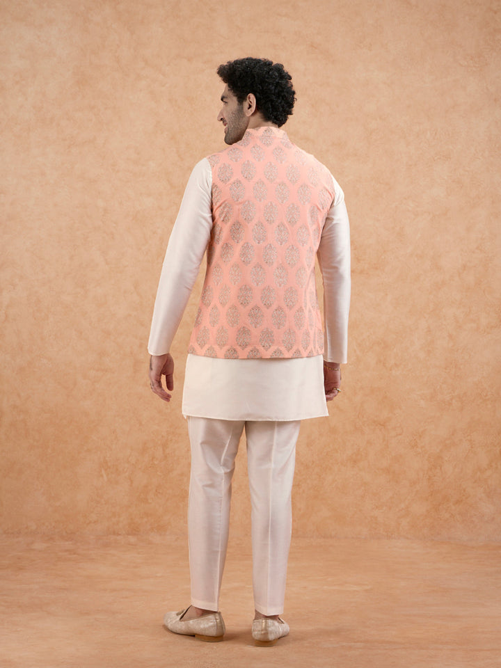 Peach Nehru Jacket with all over print | SHOBITAM