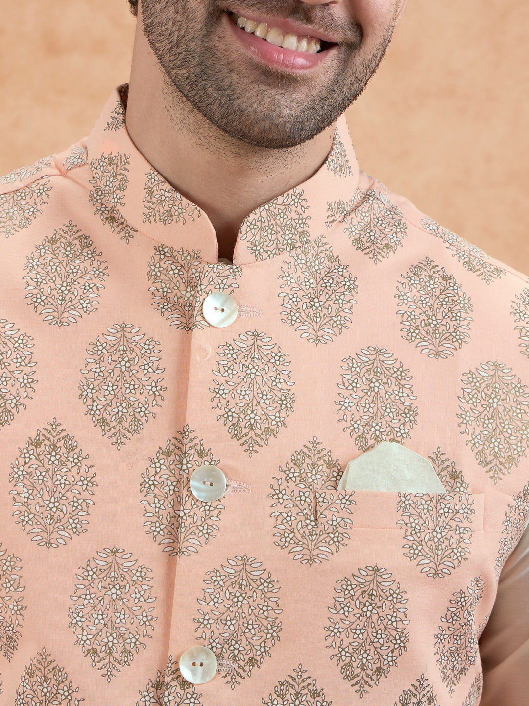 Peach Nehru Jacket with all over print | SHOBITAM