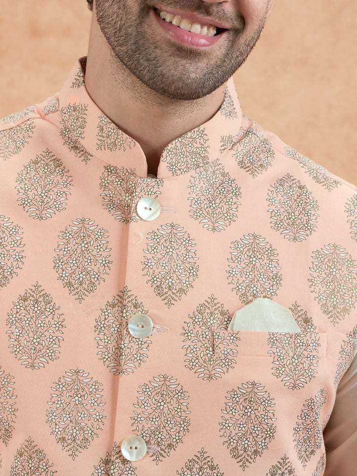 Peach Nehru Jacket with all over print | SHOBITAM