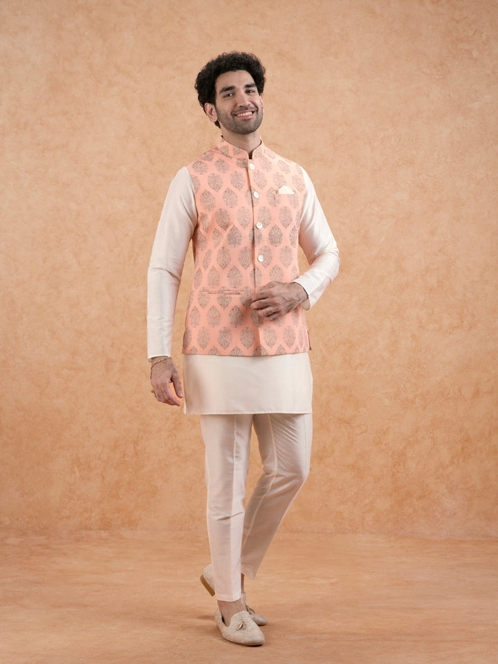 Peach Nehru Jacket with all over print | SHOBITAM