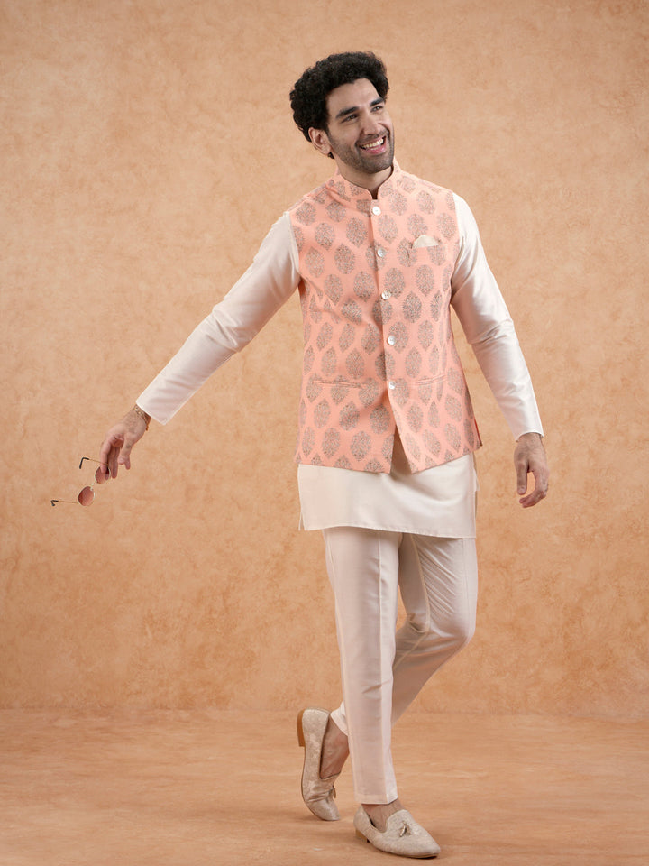 Peach Nehru Jacket with all over print | SHOBITAM