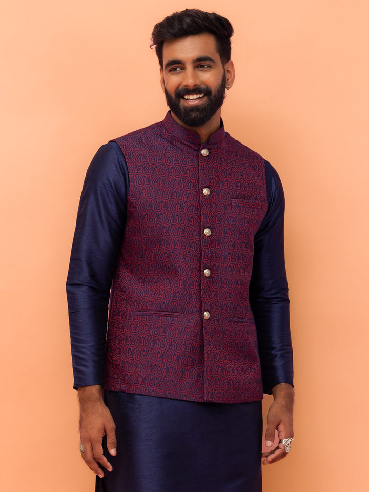 Wine Red Textured Nehru Jacket | SHOBITAM