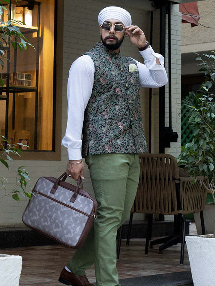 Black Multi-Color Printed Nehru Jacket | SHOBITAM