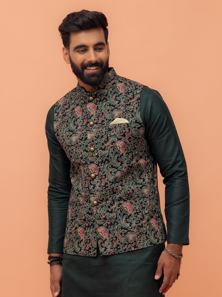 Black Multi-Color Printed Nehru Jacket | SHOBITAM
