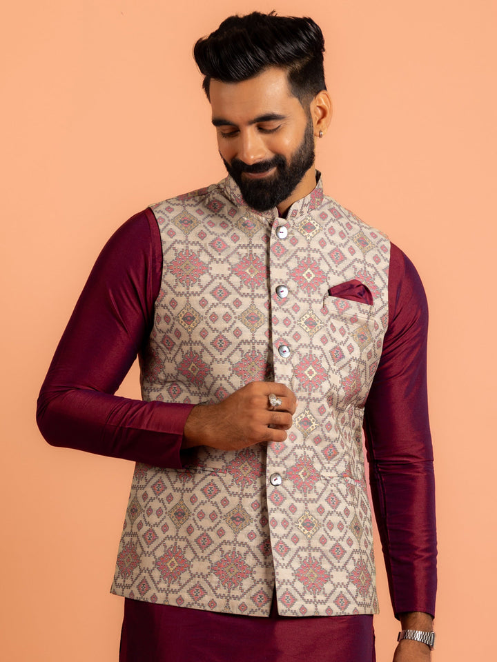 Men Grey Woven Design Nehru Jacket | SHOBITAM