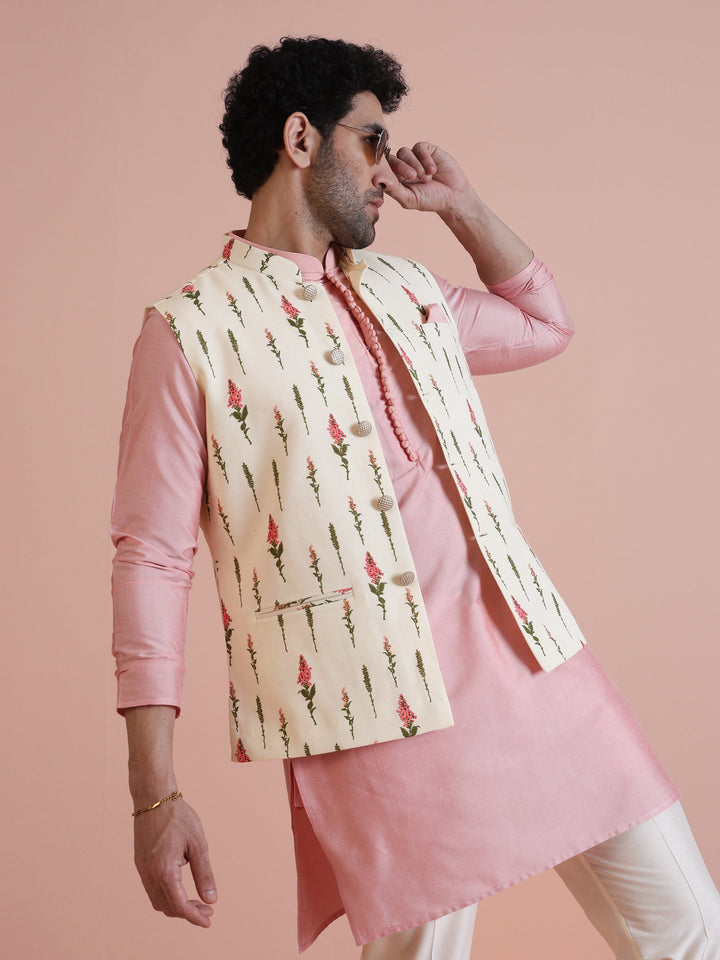 Ivory Floral Printed Silk Blend Nehru Jacket | SHOBITAM