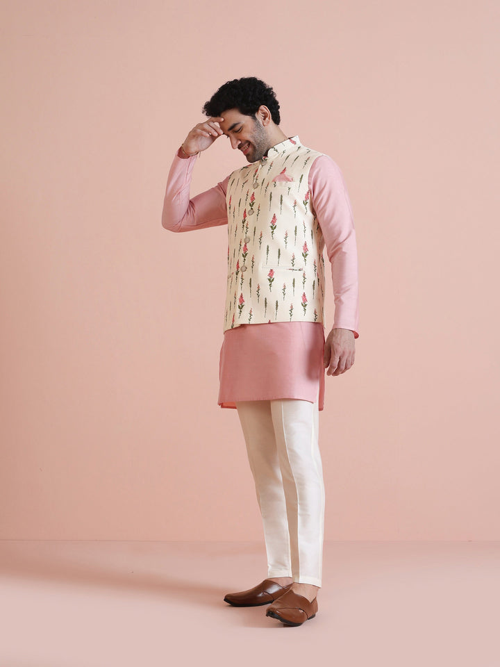 Ivory Floral Printed Silk Blend Nehru Jacket | SHOBITAM