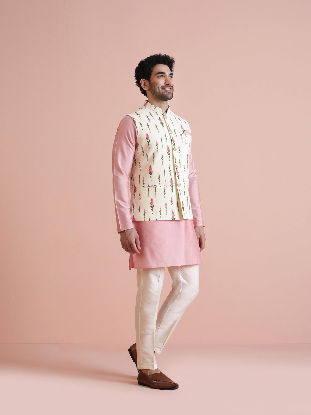 Ivory Floral Printed Silk Blend Nehru Jacket | SHOBITAM