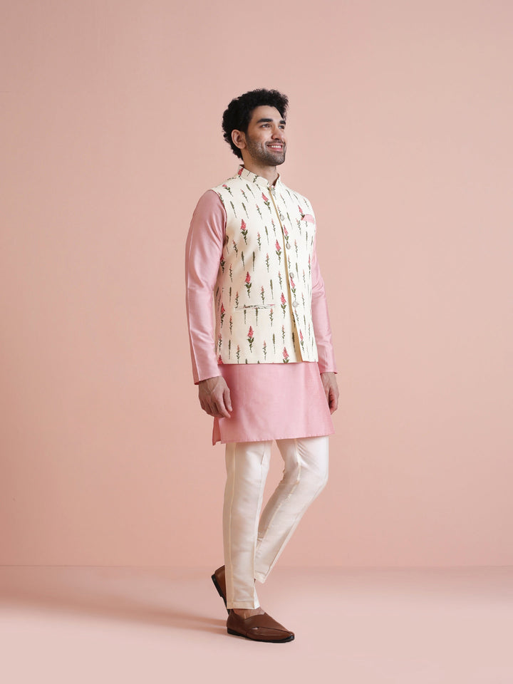 Ivory Floral Printed Silk Blend Nehru Jacket | SHOBITAM