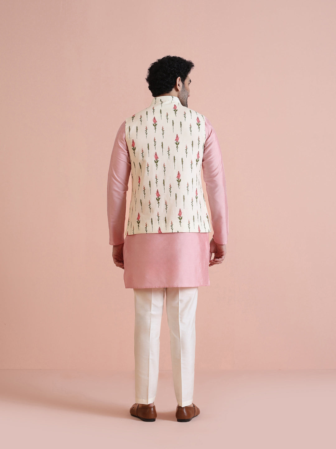 Ivory Floral Printed Silk Blend Nehru Jacket | SHOBITAM