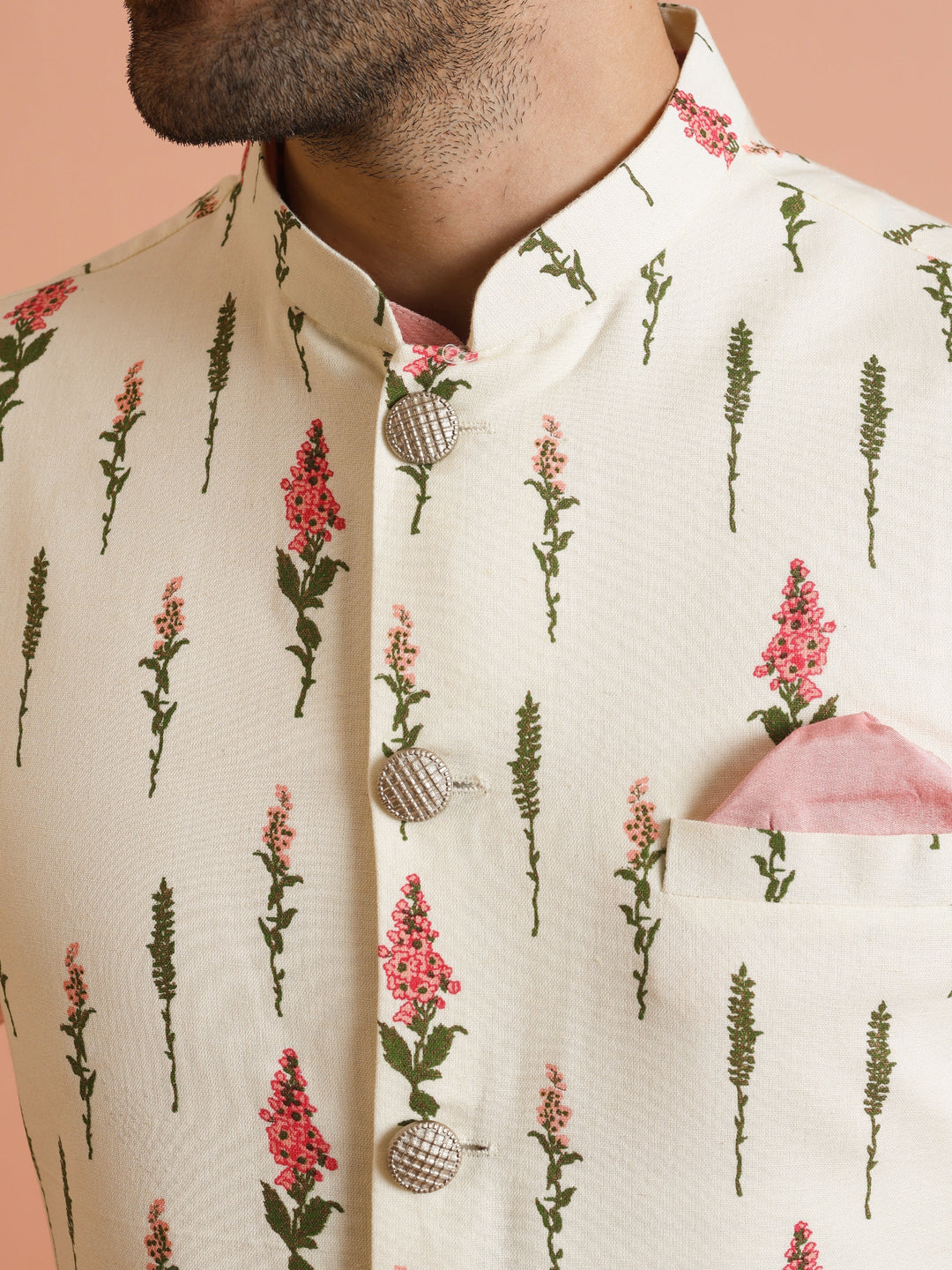 Ivory Floral Printed Silk Blend Nehru Jacket | SHOBITAM