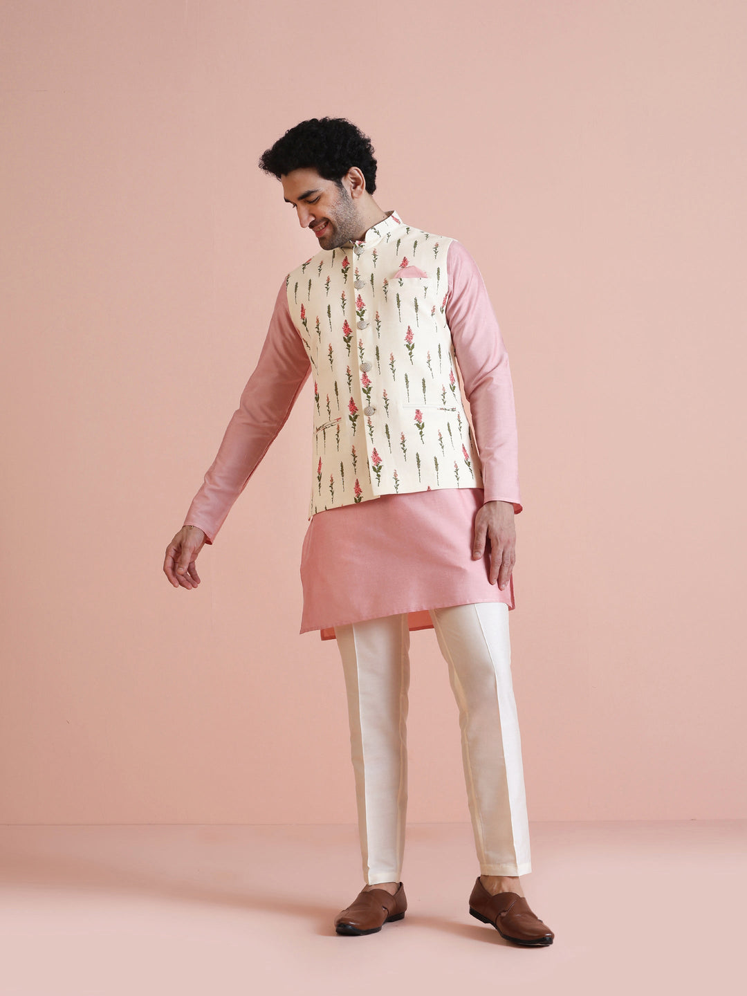 Ivory Floral Printed Silk Blend Nehru Jacket | SHOBITAM