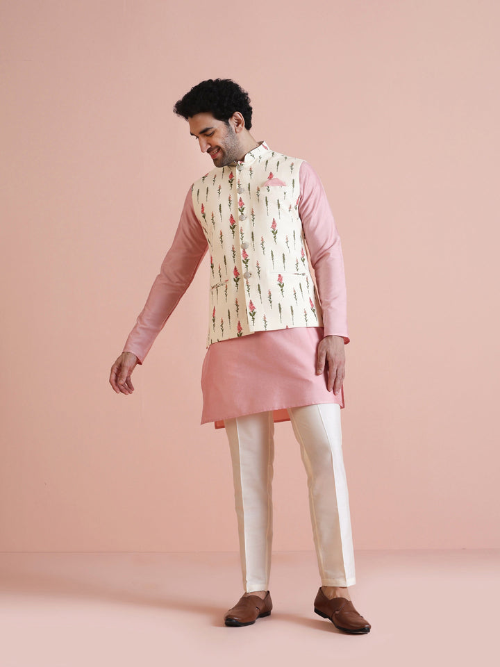 Ivory Floral Printed Silk Blend Nehru Jacket | SHOBITAM