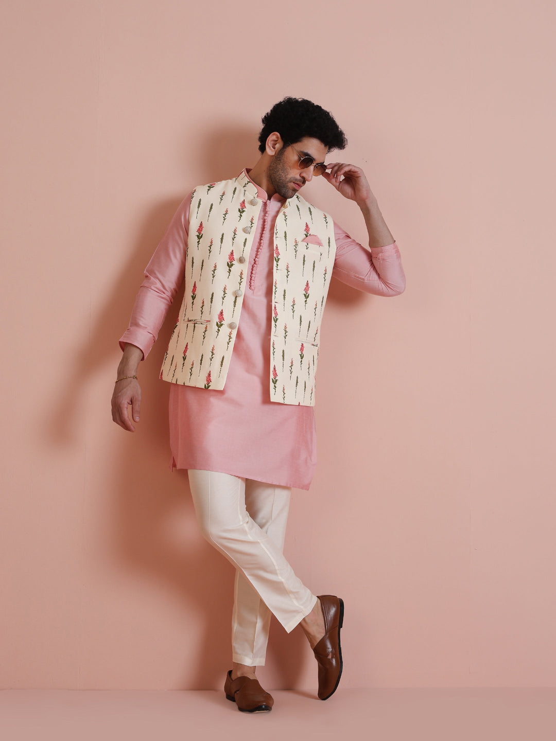 Ivory Floral Printed Silk Blend Nehru Jacket | SHOBITAM