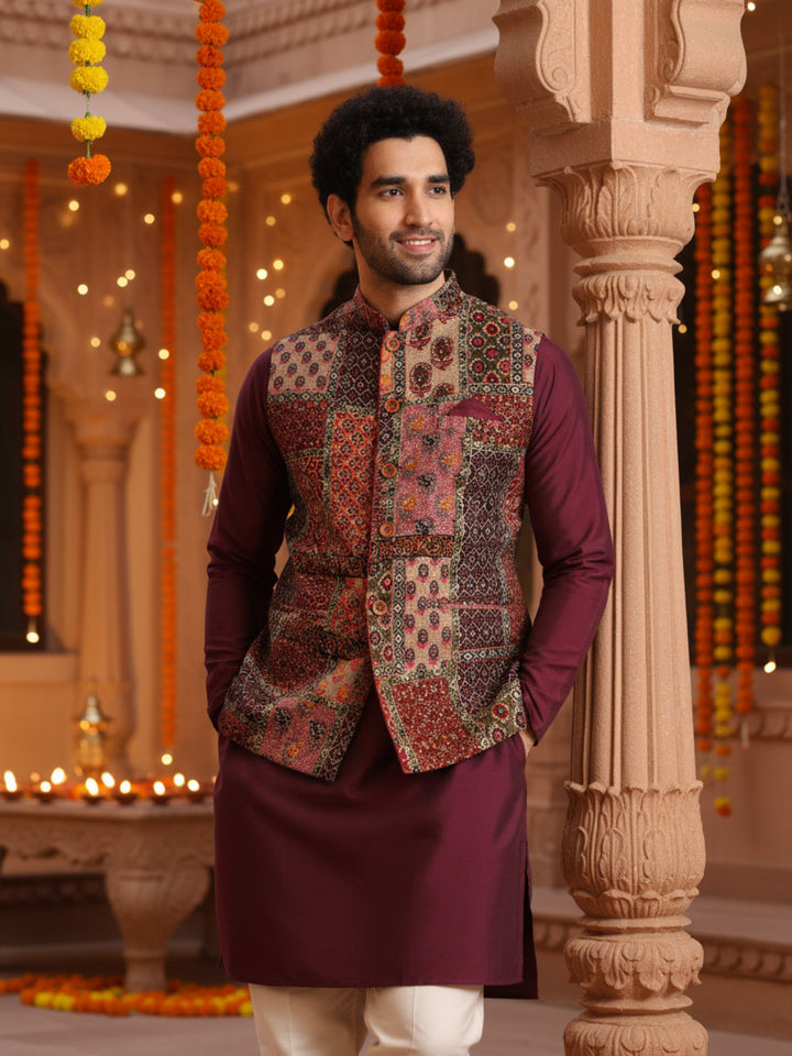 Maroon Multicolor Patchwork Printed Silk Blend Nehru Jacket | shobitam