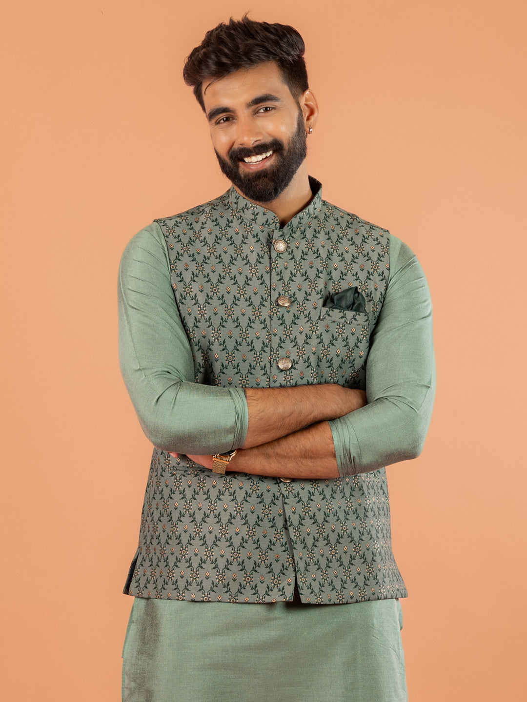 Green Silk Blend Geometric Nehru Jacket | SHOBITAM
