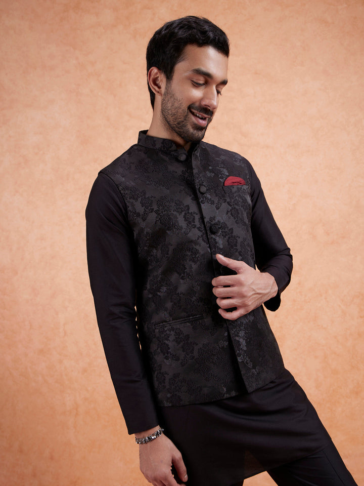 Black Jacquard Floral Nehru Jacket | SHOBITAM