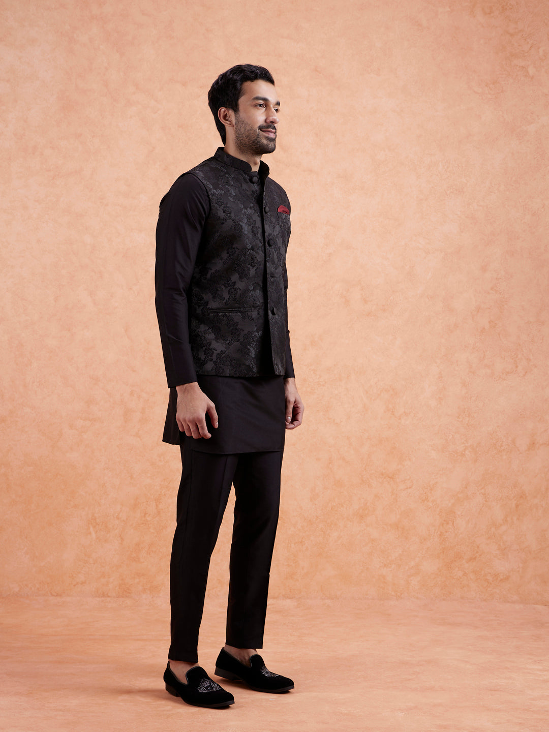 Black Jacquard Floral Nehru Jacket | SHOBITAM