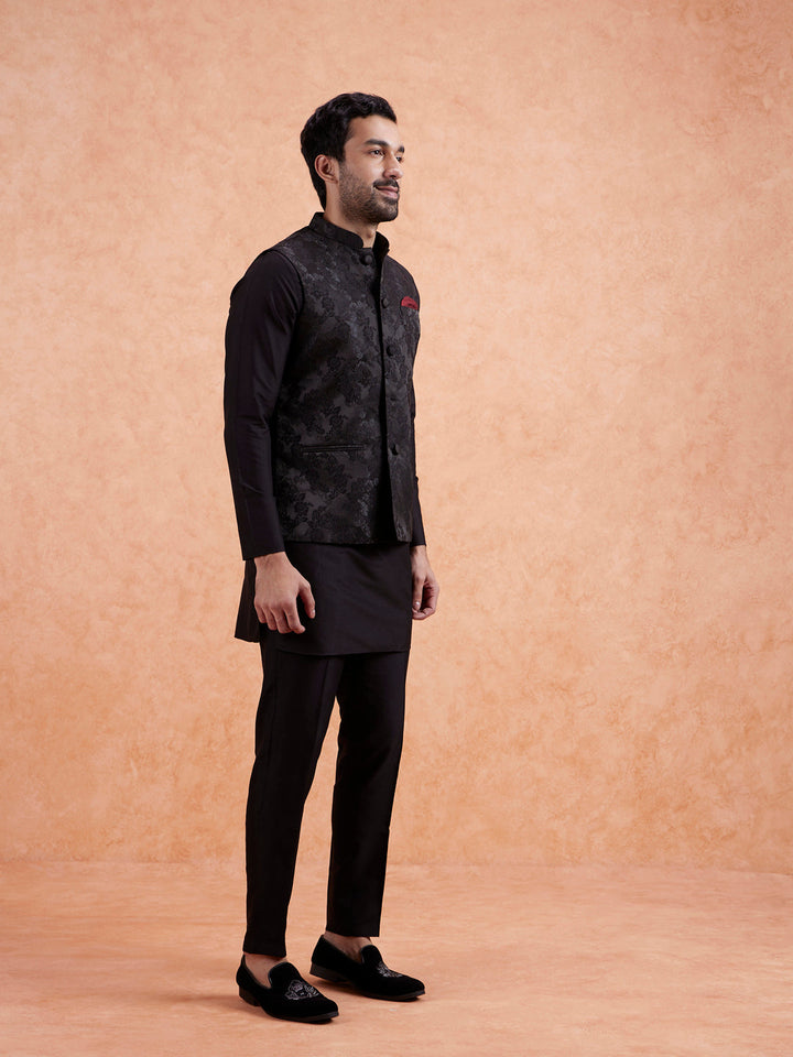 Black Jacquard Floral Nehru Jacket | SHOBITAM
