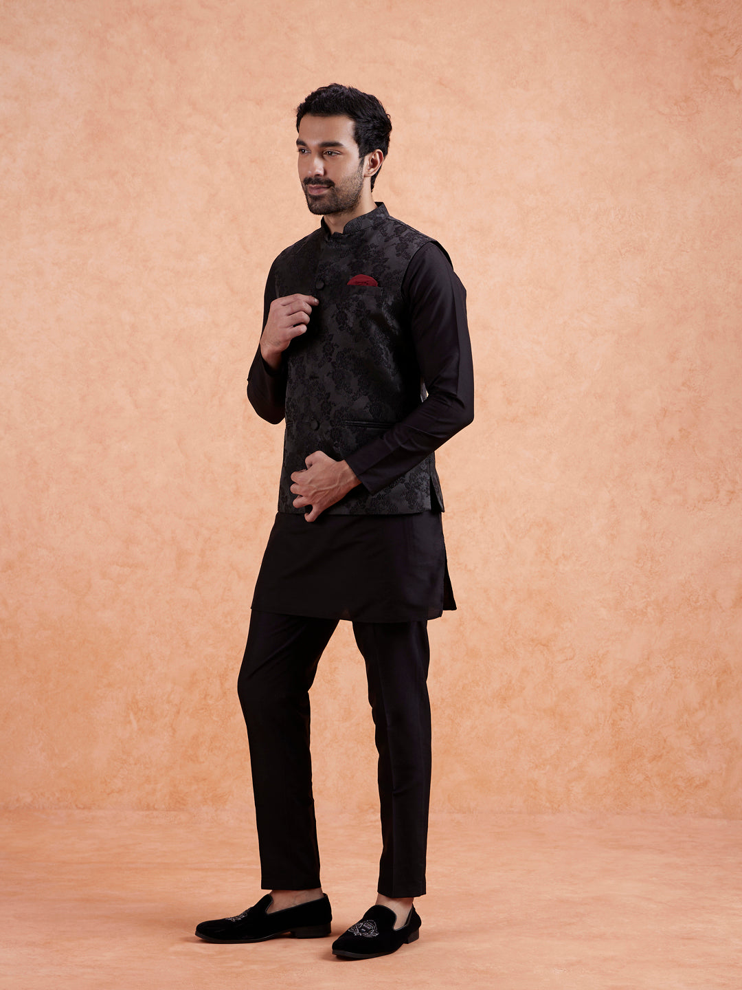 Black Jacquard Floral Nehru Jacket | SHOBITAM