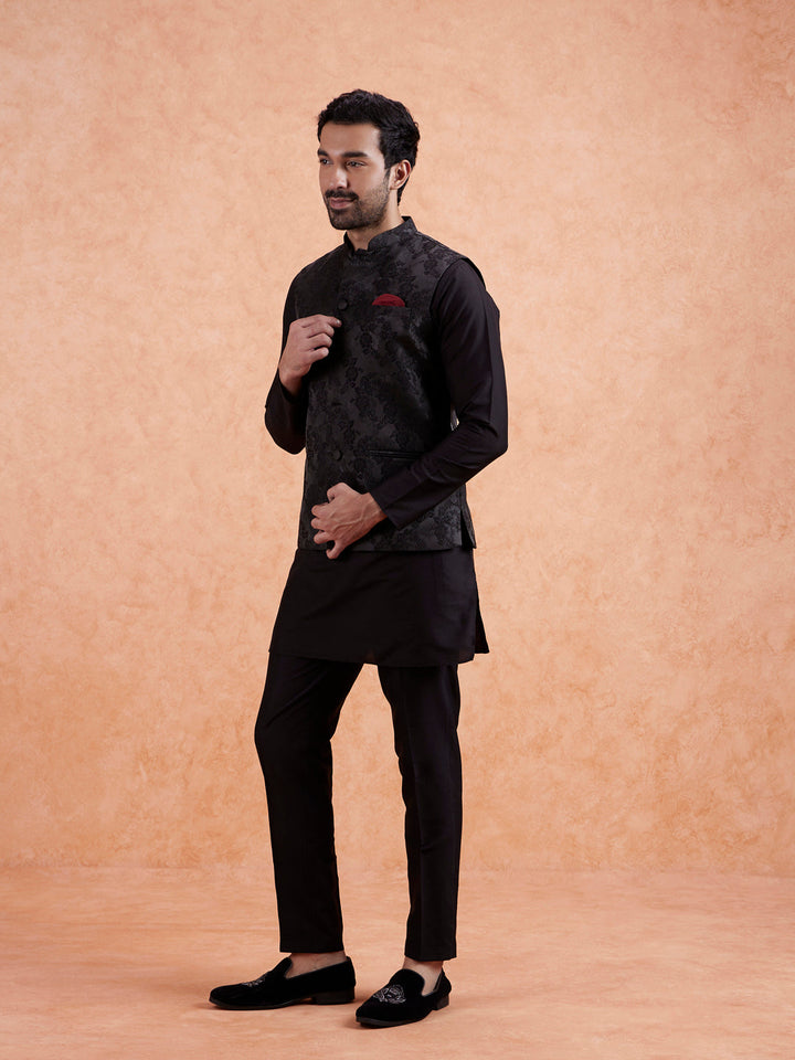 Black Jacquard Floral Nehru Jacket | SHOBITAM